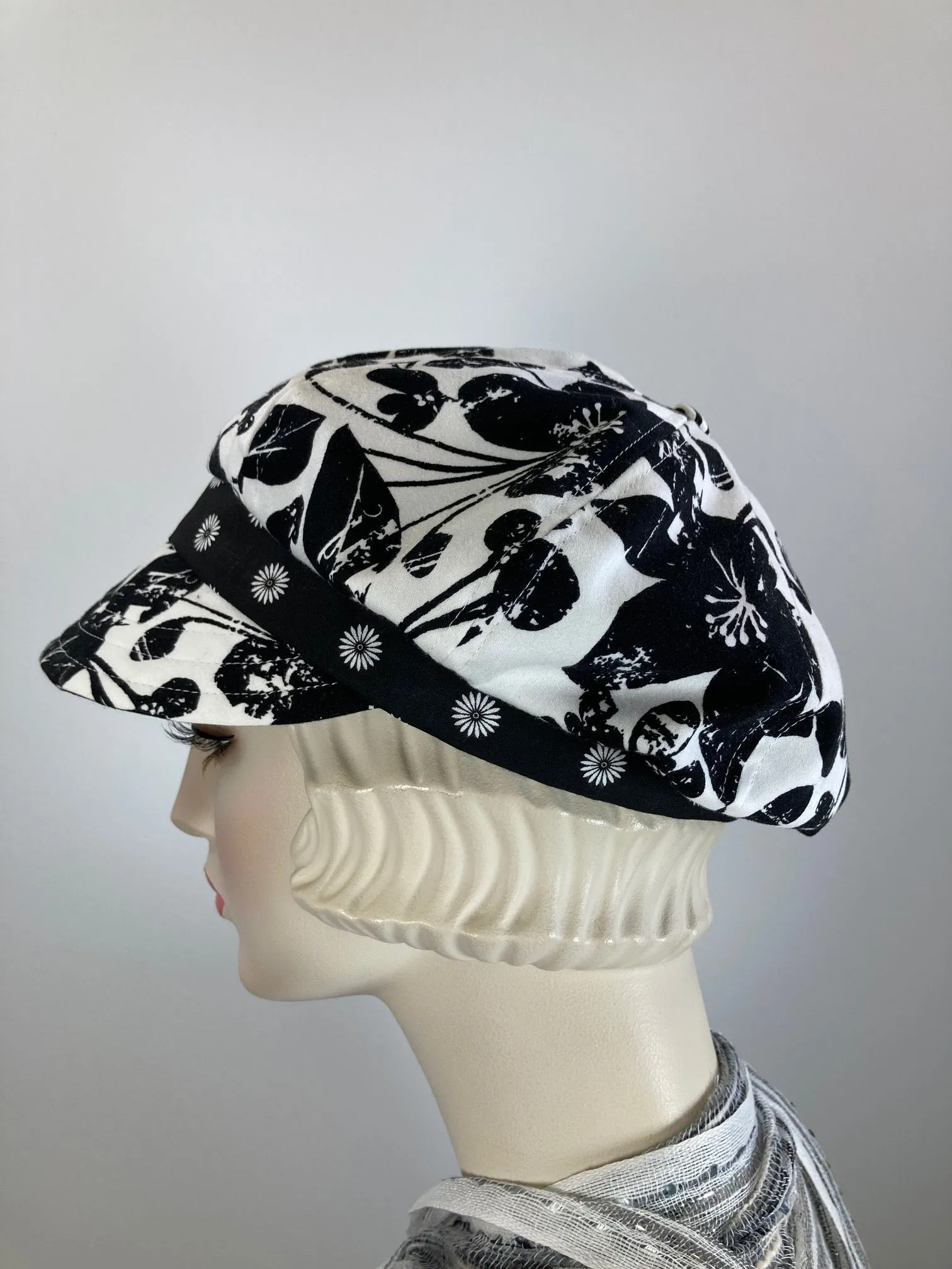 Womens Newsboy hat Black and White. Ladies Newsboy Hat. Summer Visor Cap. Soft Travel Fabric Hat. Sustainable fashion apple paperboy hat.
