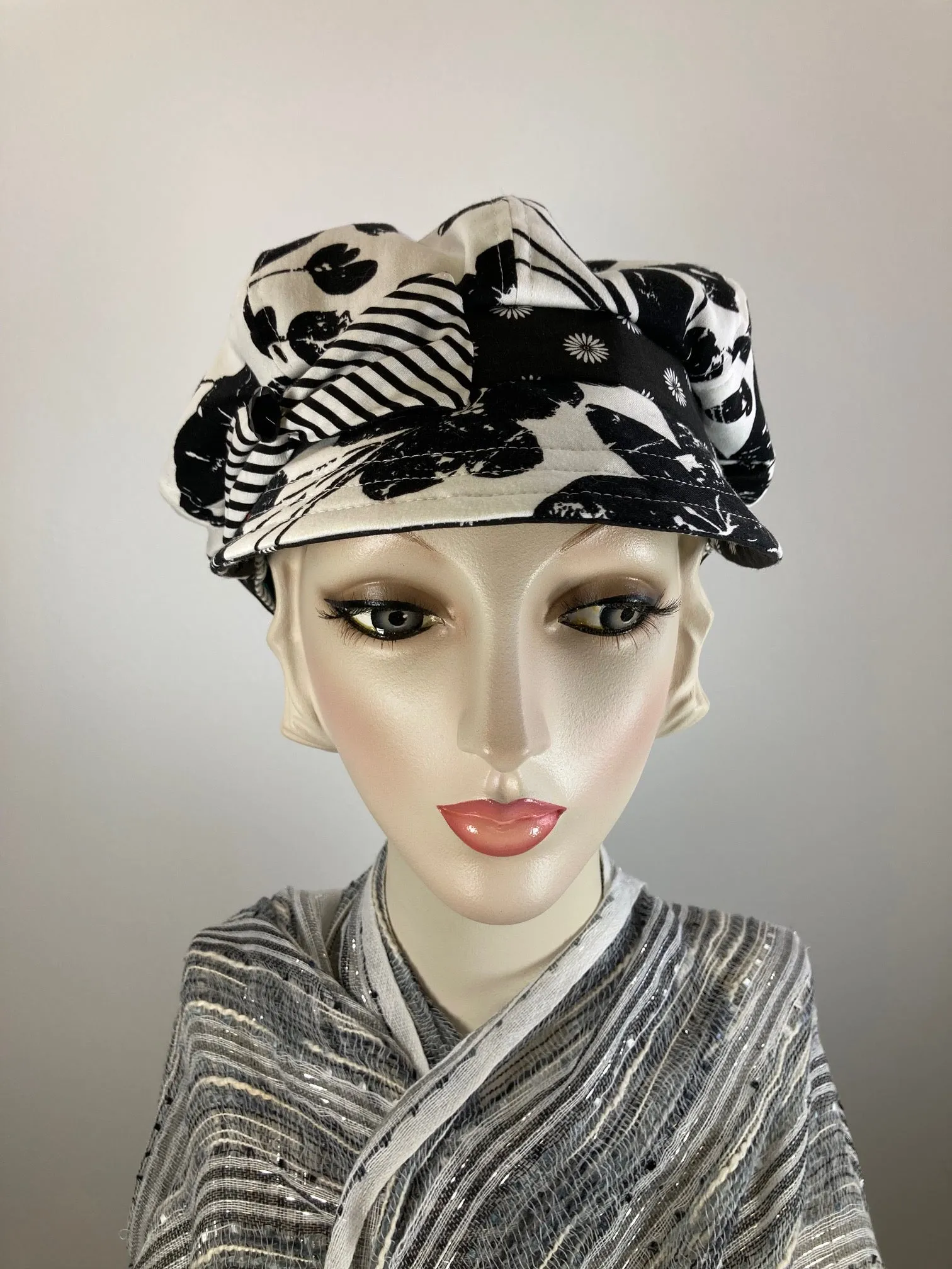 Womens Newsboy hat Black and White. Ladies Newsboy Hat. Summer Visor Cap. Soft Travel Fabric Hat. Sustainable fashion apple paperboy hat.