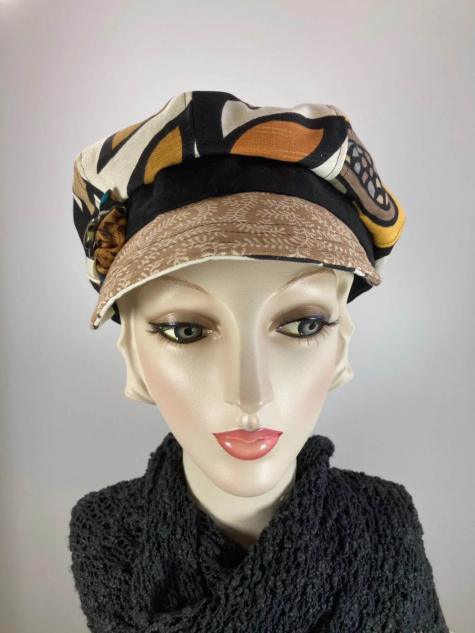 Womens recycled fabric Newsboy hat. Ladies Summer abstract floral Visor Cap. Soft Travel Fabric Sustainable fashion apple paperboy hat.