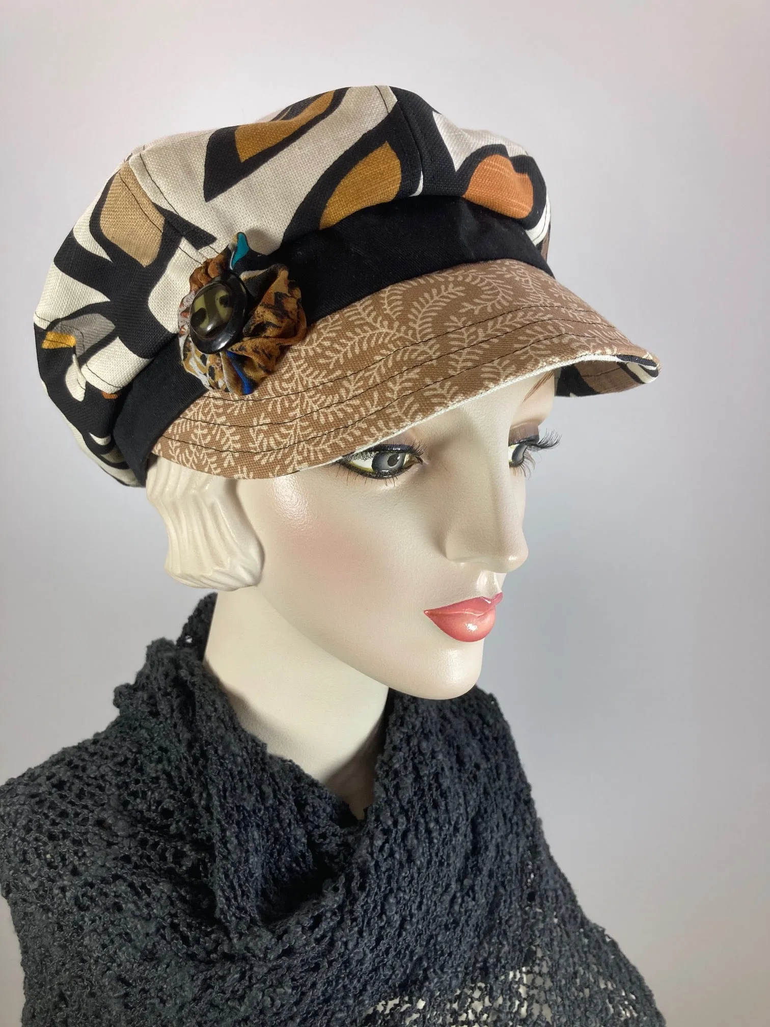 Womens recycled fabric Newsboy hat. Ladies Summer abstract floral Visor Cap. Soft Travel Fabric Sustainable fashion apple paperboy hat.