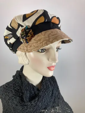 Womens recycled fabric Newsboy hat. Ladies Summer abstract floral Visor Cap. Soft Travel Fabric Sustainable fashion apple paperboy hat.