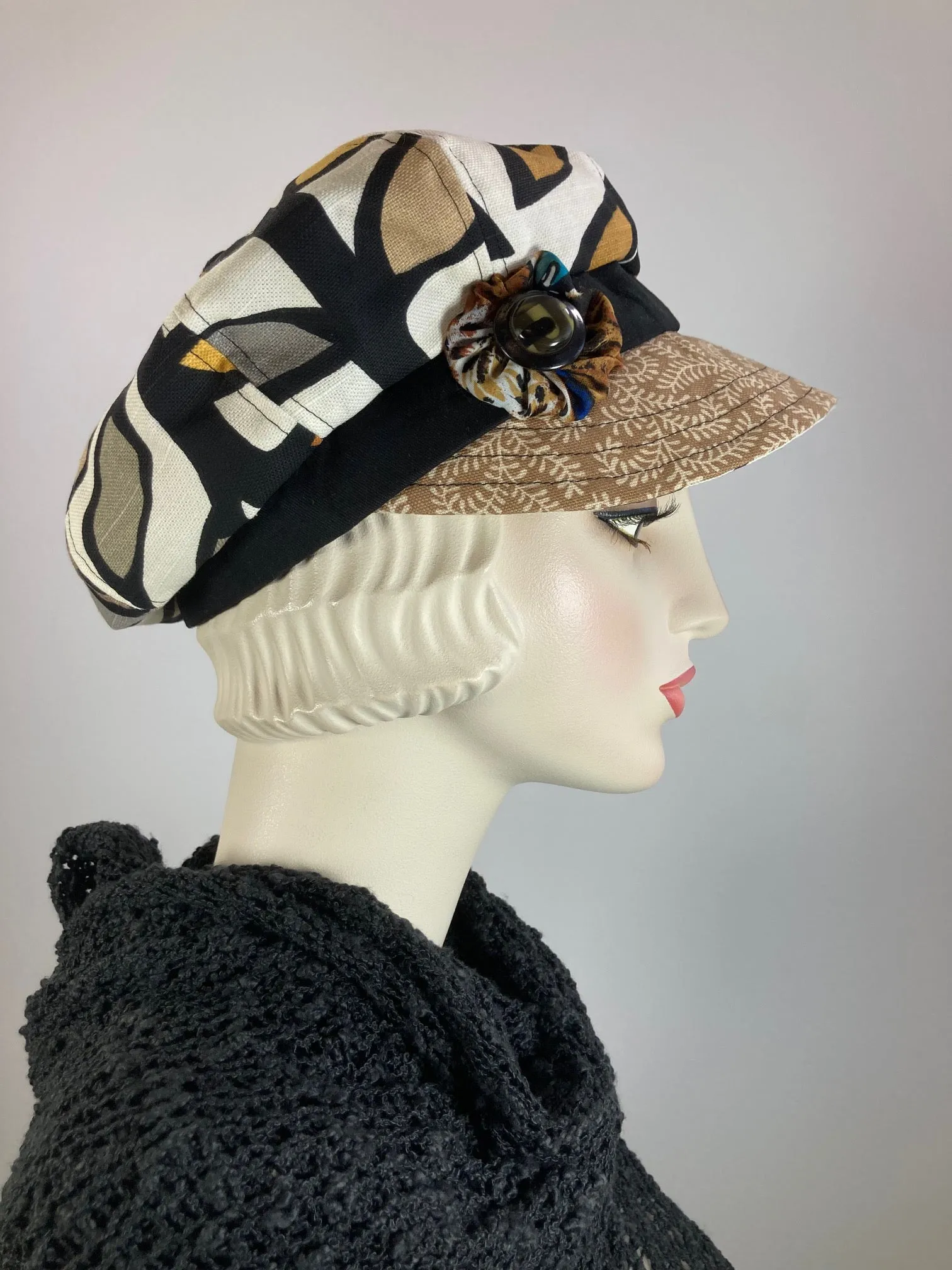Womens recycled fabric Newsboy hat. Ladies Summer abstract floral Visor Cap. Soft Travel Fabric Sustainable fashion apple paperboy hat.