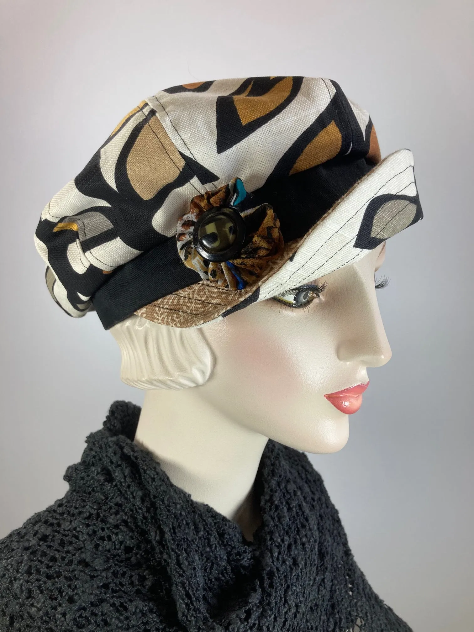 Womens recycled fabric Newsboy hat. Ladies Summer abstract floral Visor Cap. Soft Travel Fabric Sustainable fashion apple paperboy hat.