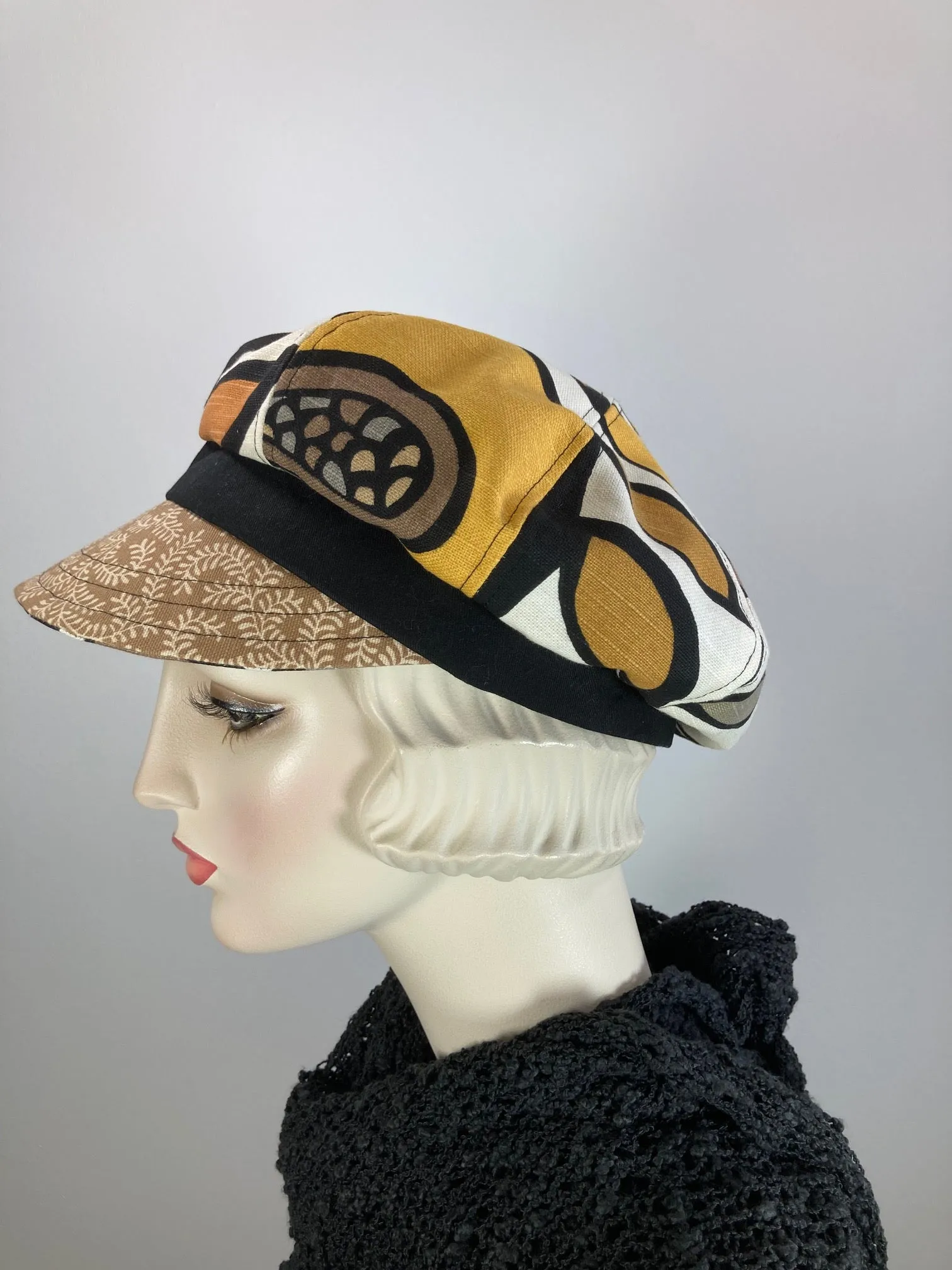 Womens recycled fabric Newsboy hat. Ladies Summer abstract floral Visor Cap. Soft Travel Fabric Sustainable fashion apple paperboy hat.