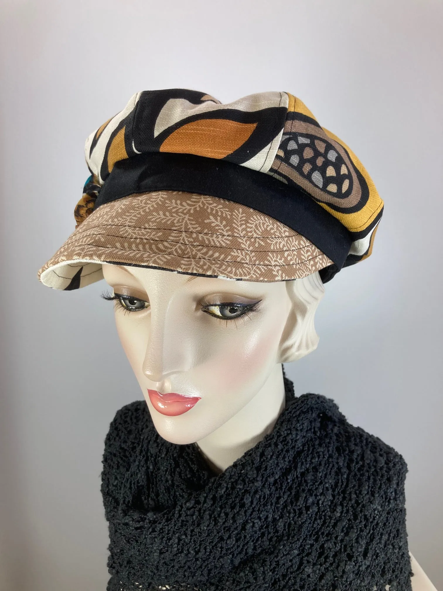 Womens recycled fabric Newsboy hat. Ladies Summer abstract floral Visor Cap. Soft Travel Fabric Sustainable fashion apple paperboy hat.