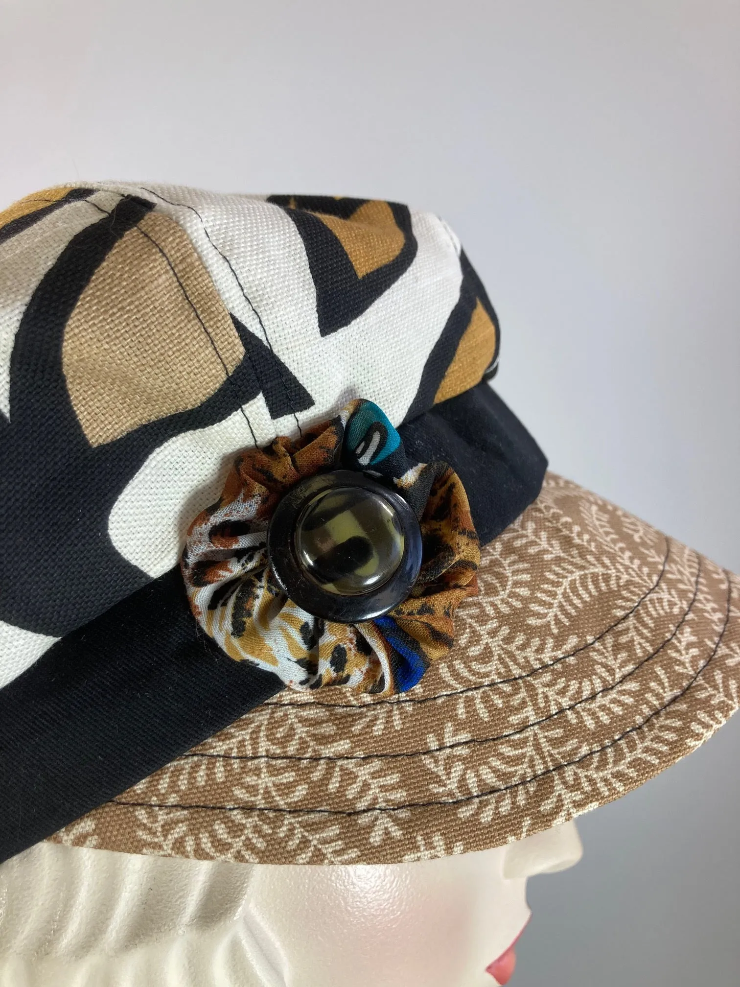 Womens recycled fabric Newsboy hat. Ladies Summer abstract floral Visor Cap. Soft Travel Fabric Sustainable fashion apple paperboy hat.