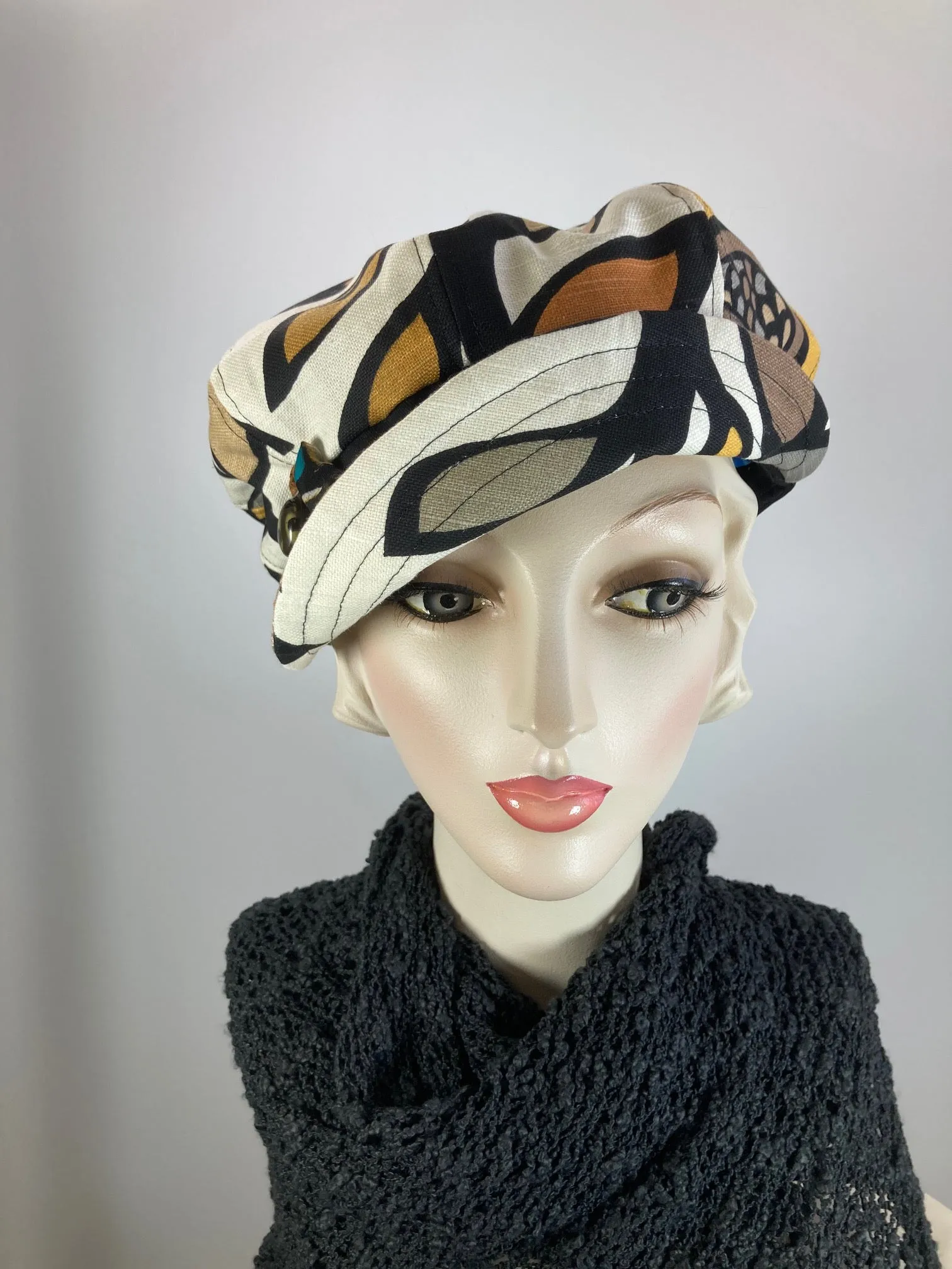 Womens recycled fabric Newsboy hat. Ladies Summer abstract floral Visor Cap. Soft Travel Fabric Sustainable fashion apple paperboy hat.